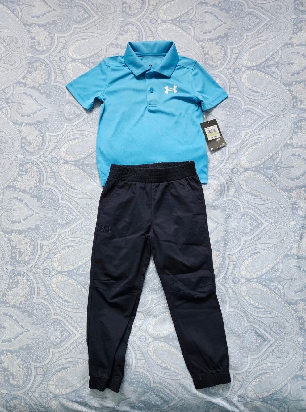 Under Armour Boys Size 4 Matching Set Blue Polo Shirt Black Jogger Pants NWT